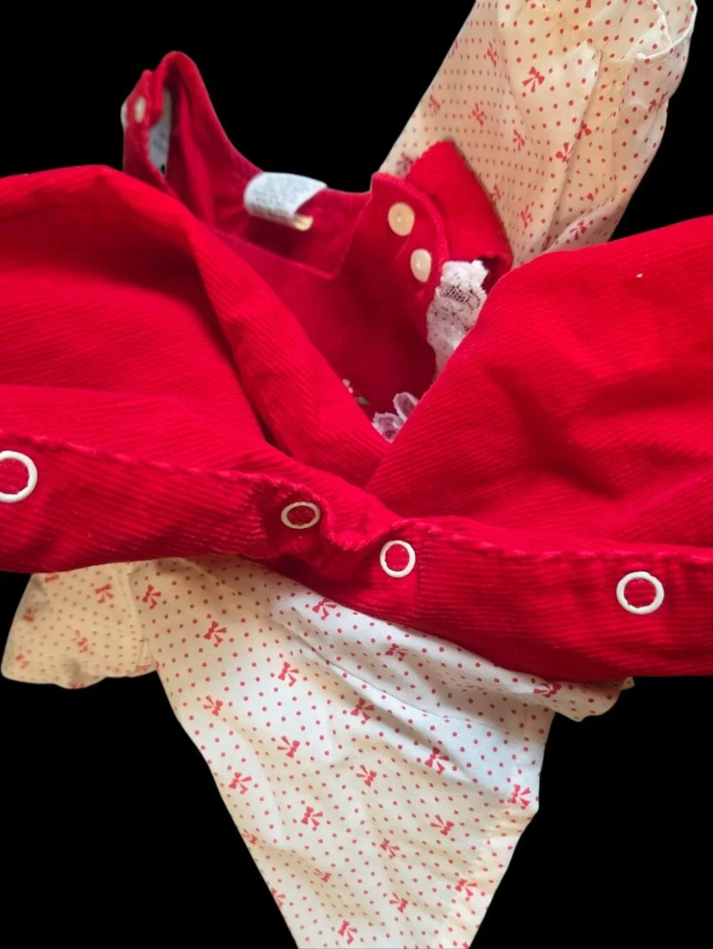 Vtg 3-6 mo Christmas Holiday Outfit Red Corduroy Bibs Embroidered Bows Lace Trim